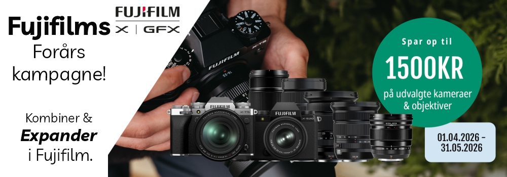 Fujifilms Forårs kampagne. Kombiner og Expander i fujifilm. Spar op til 1.500 kr. på udvalgte kameraer og objektiver.